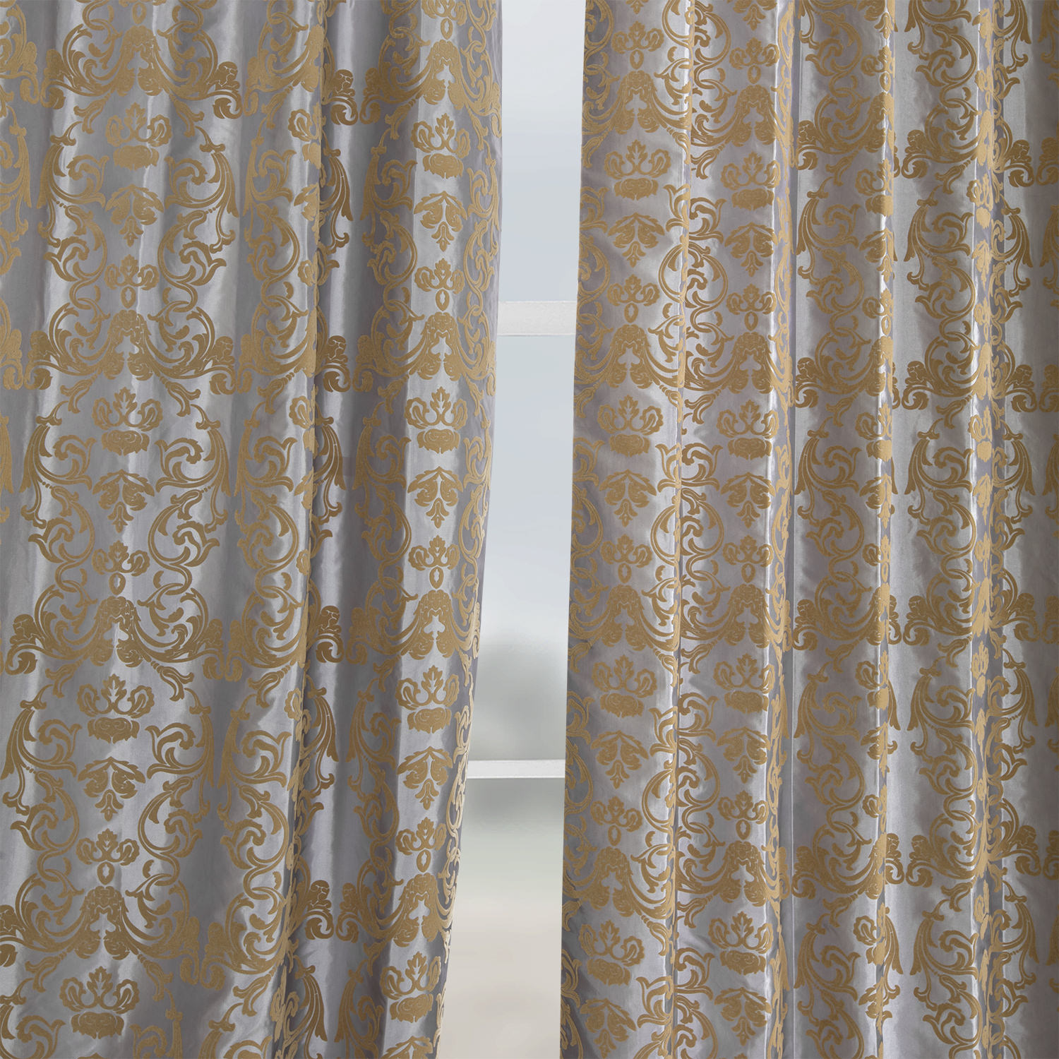 Firenze Platinum &amp; Gold Flocked Faux Silk Curtain