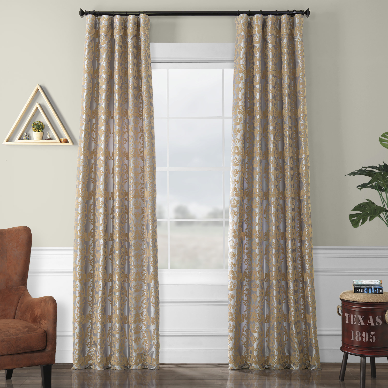 Firenze Platinum & Gold Flocked Faux Silk Curtain