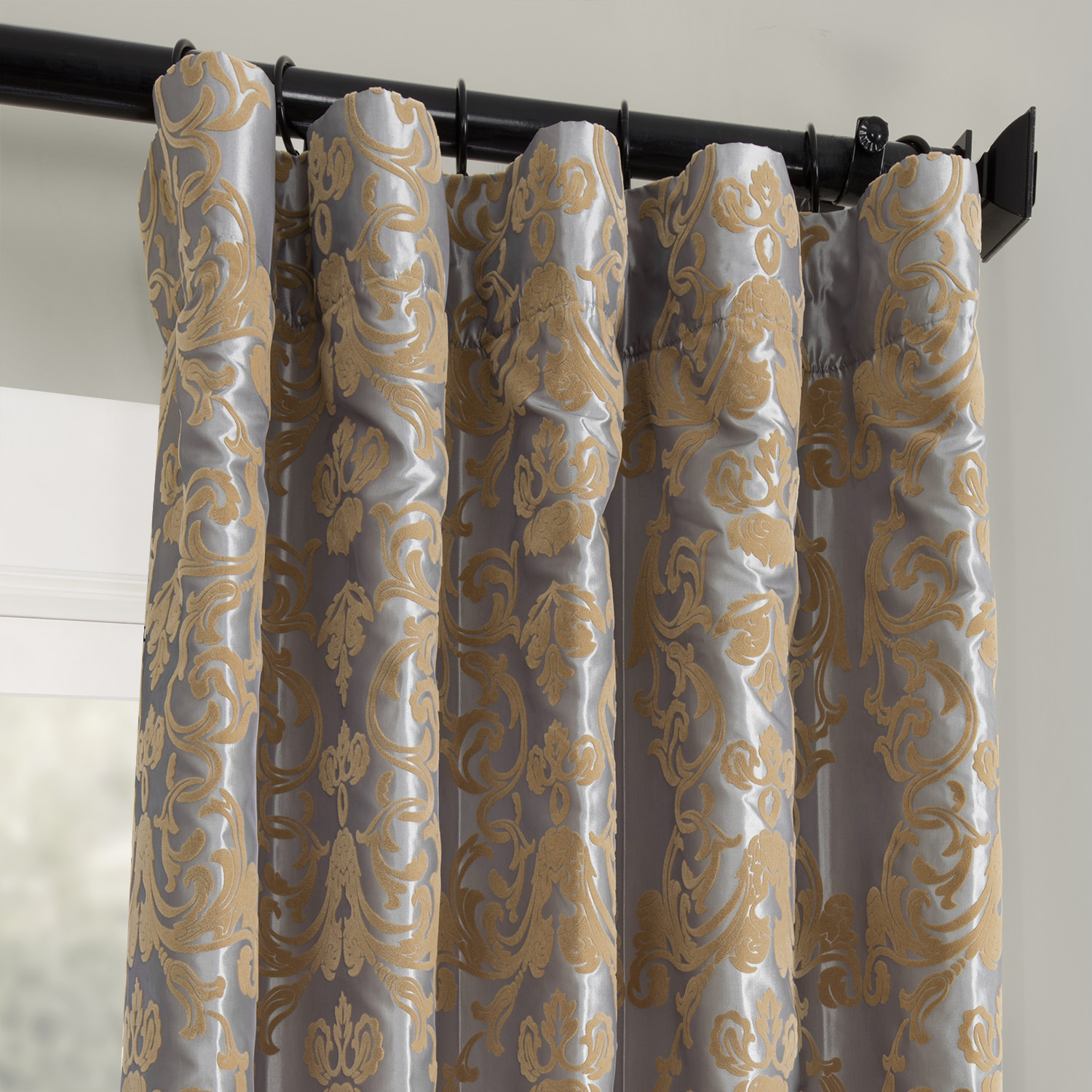 Firenze Platinum & Gold Flocked Faux Silk Curtain