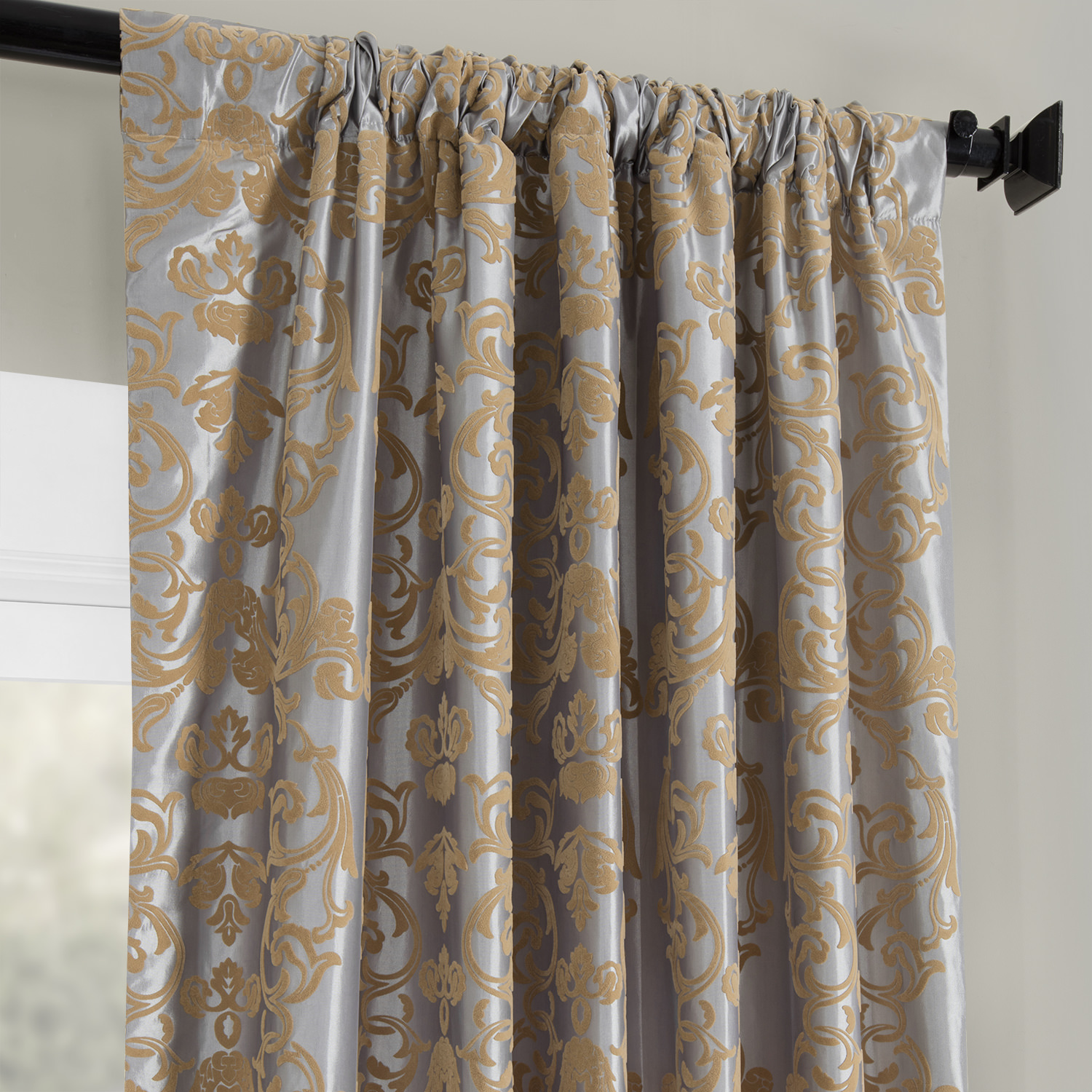 Firenze Platinum & Gold Flocked Faux Silk Curtain