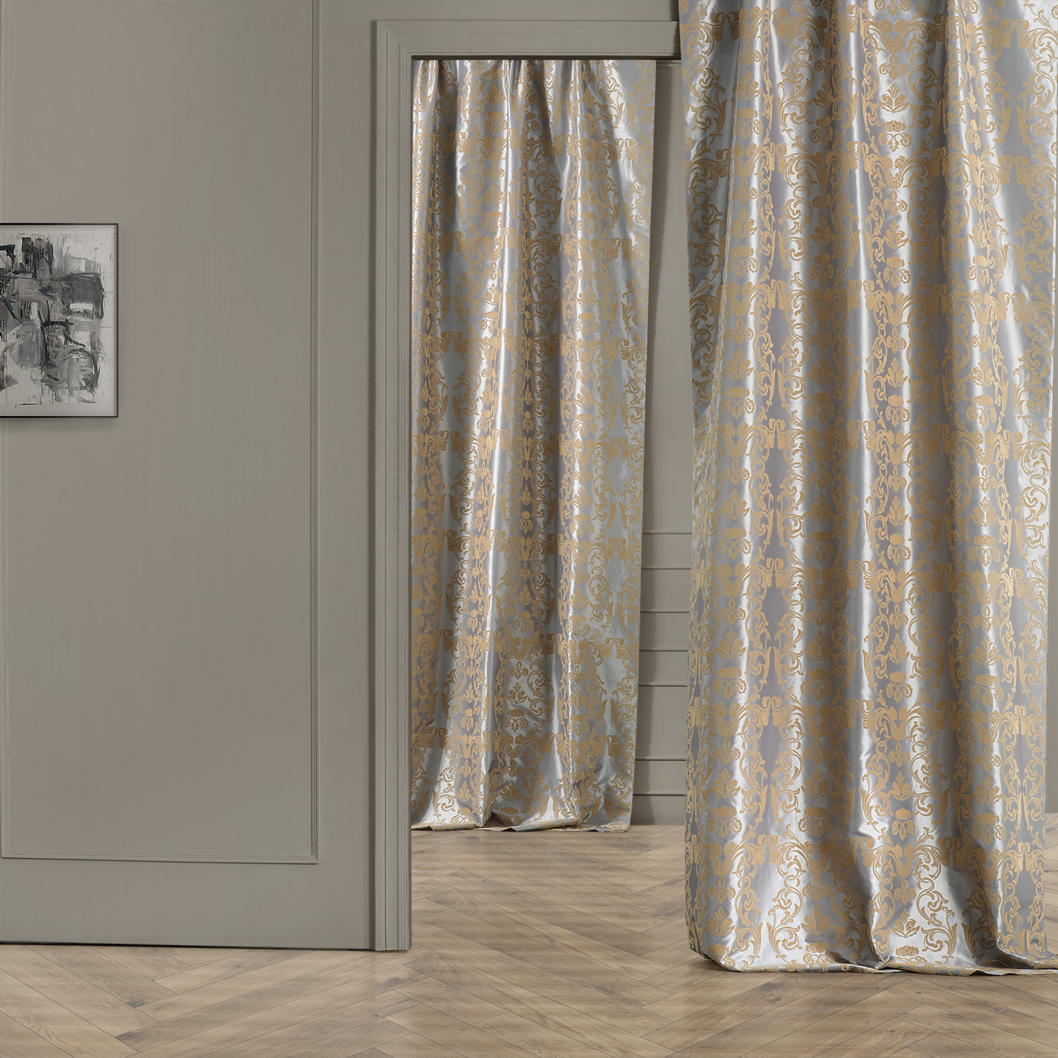 Firenze Grey &amp; Gold Designer Flocked Curtain