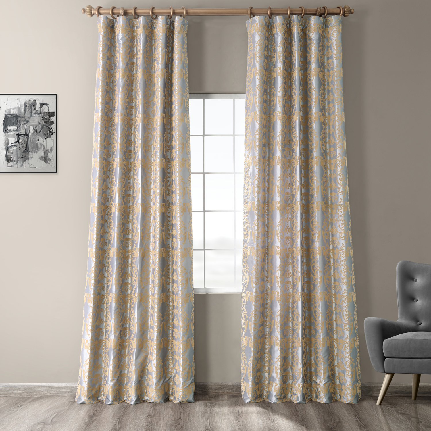 Firenze Grey & Gold Designer Flocked Curtain