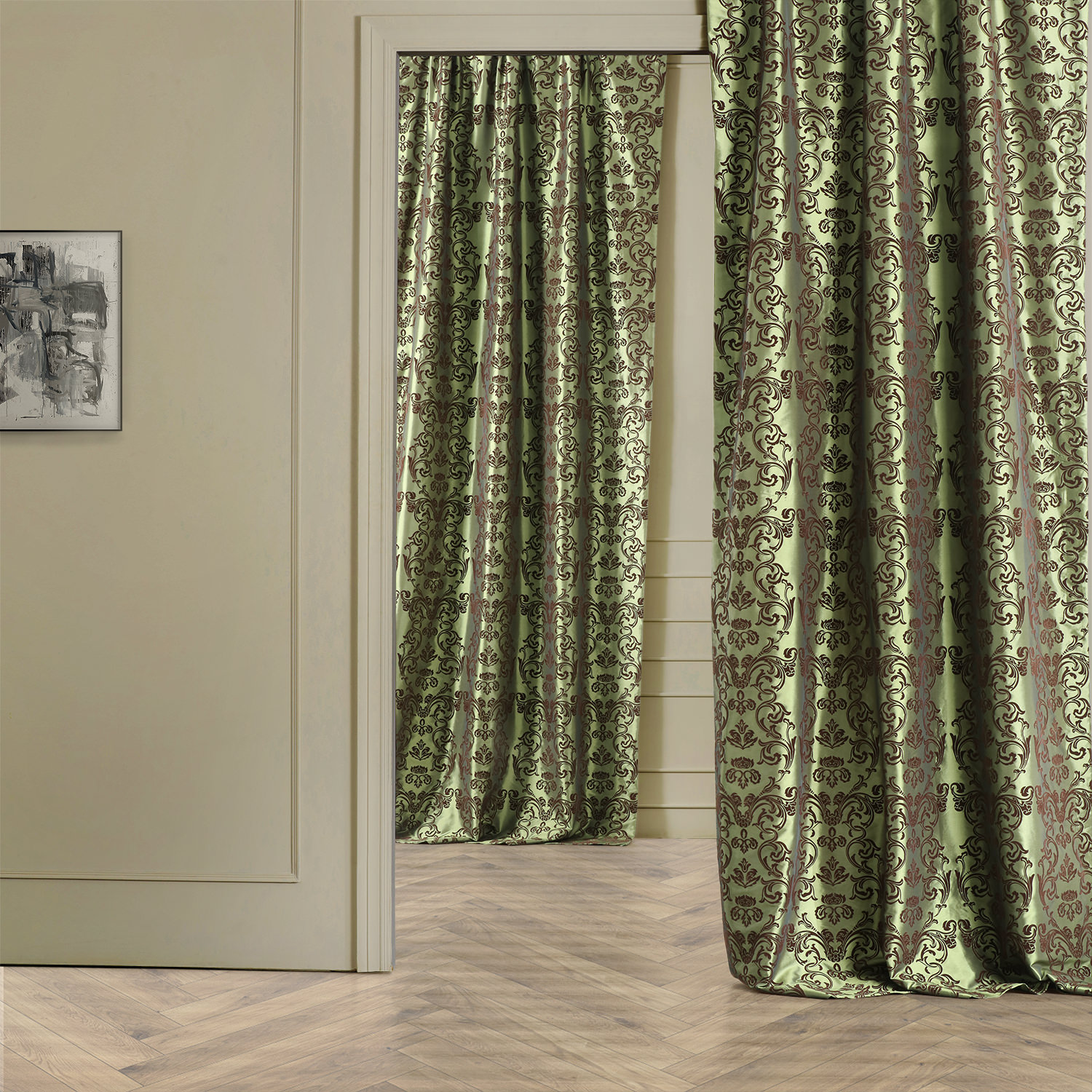 Firenze Green &amp; Brown Designer Flocked Curtain