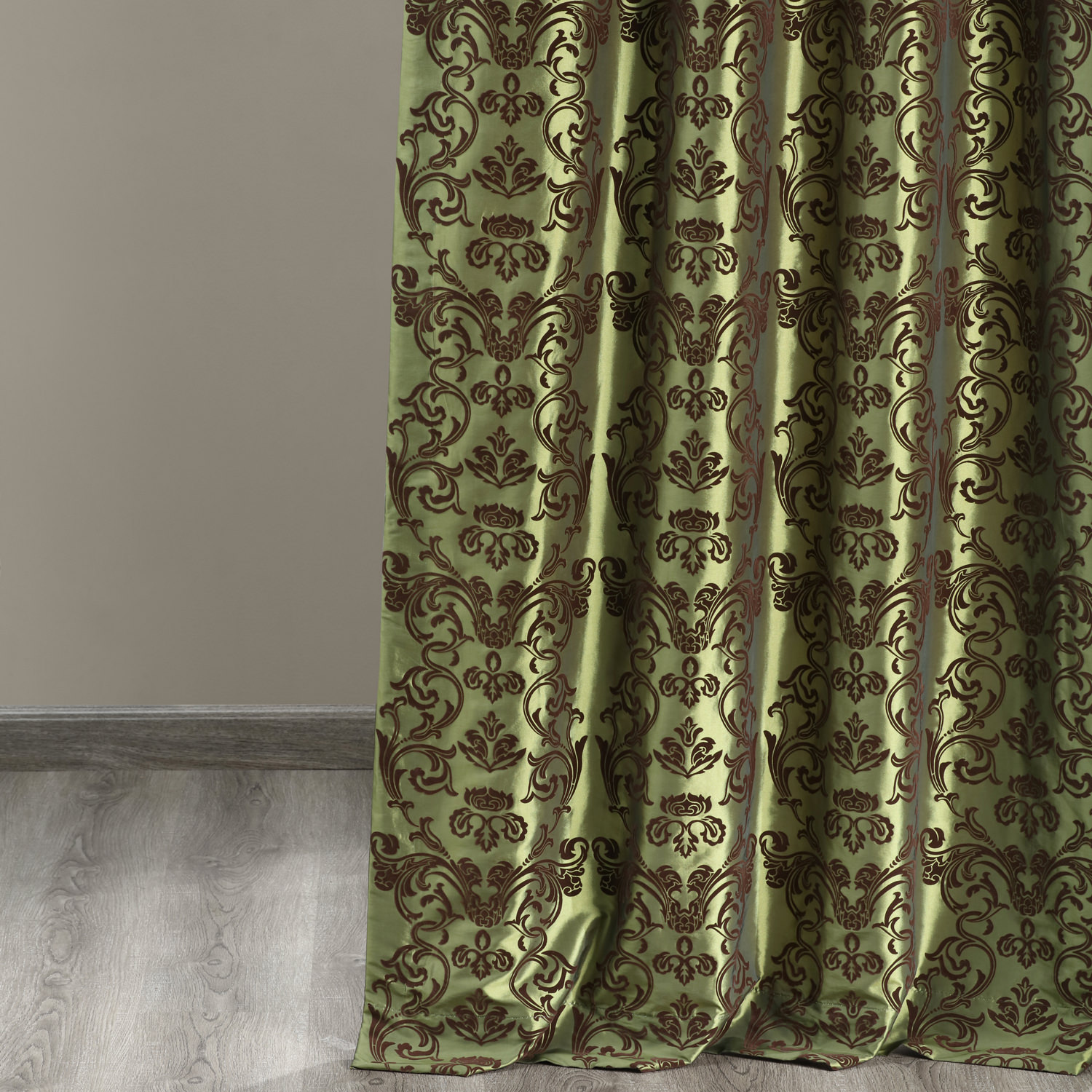 Firenze Green & Brown Designer Flocked Curtain