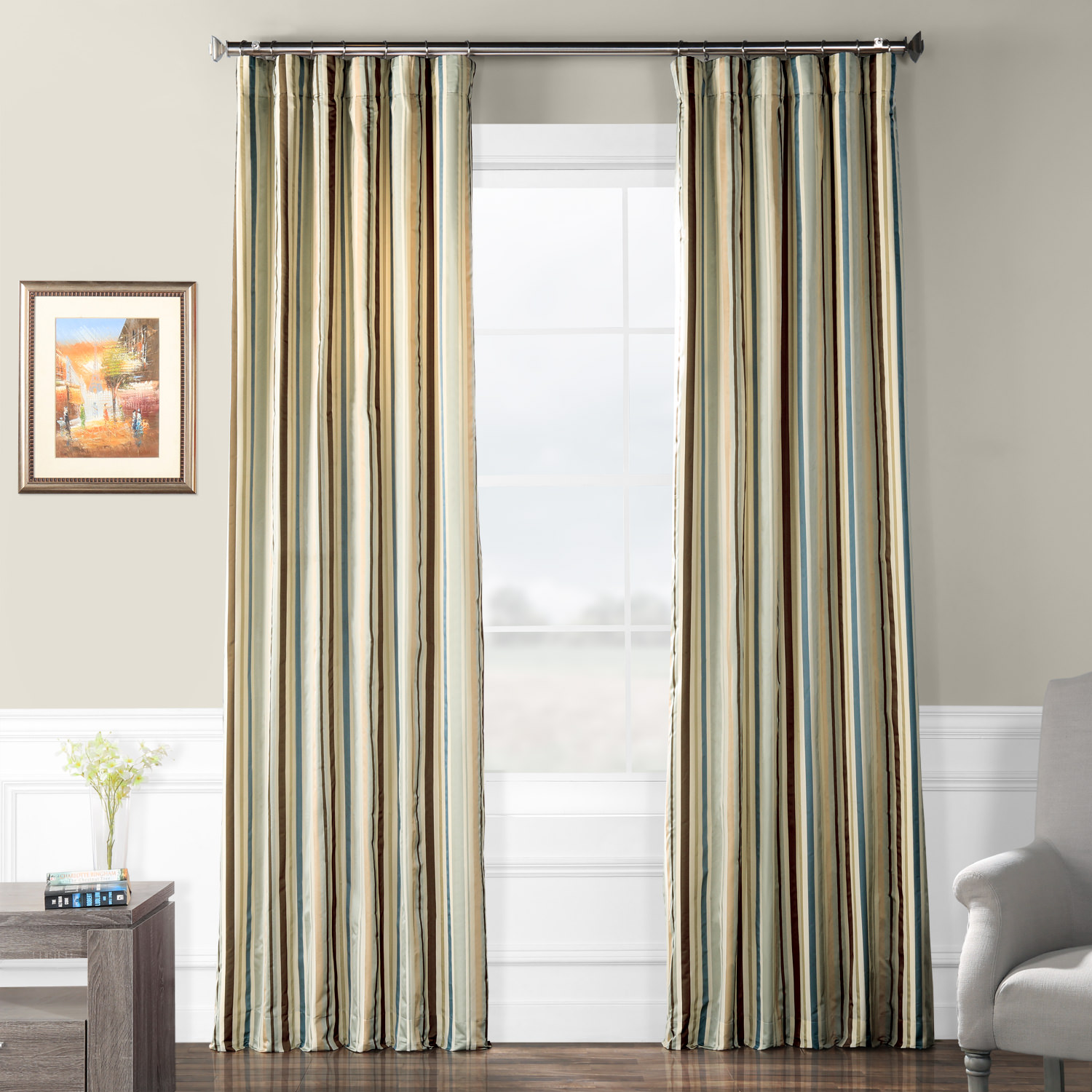 Woodcroft Gold &amp; Blue Designer Striped Faux Silk Curtain