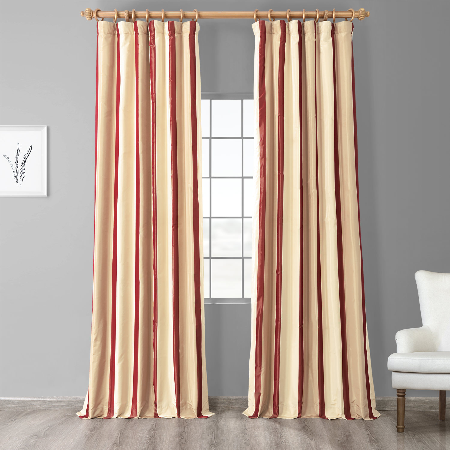 Manchester Gold &amp; Red Designer Striped Faux Silk Curtain