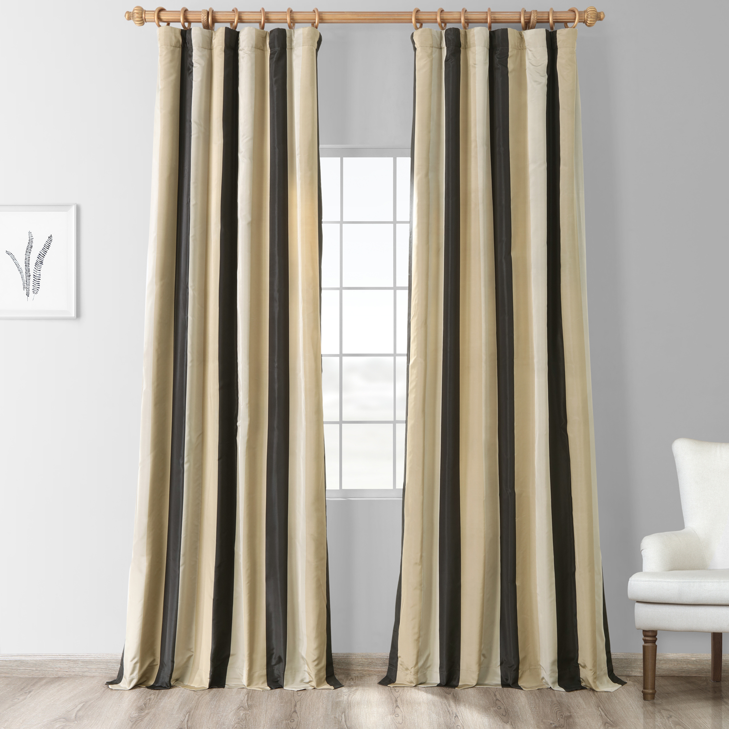 Sake Black &amp; Gold Designer Striped Faux Silk Curtain