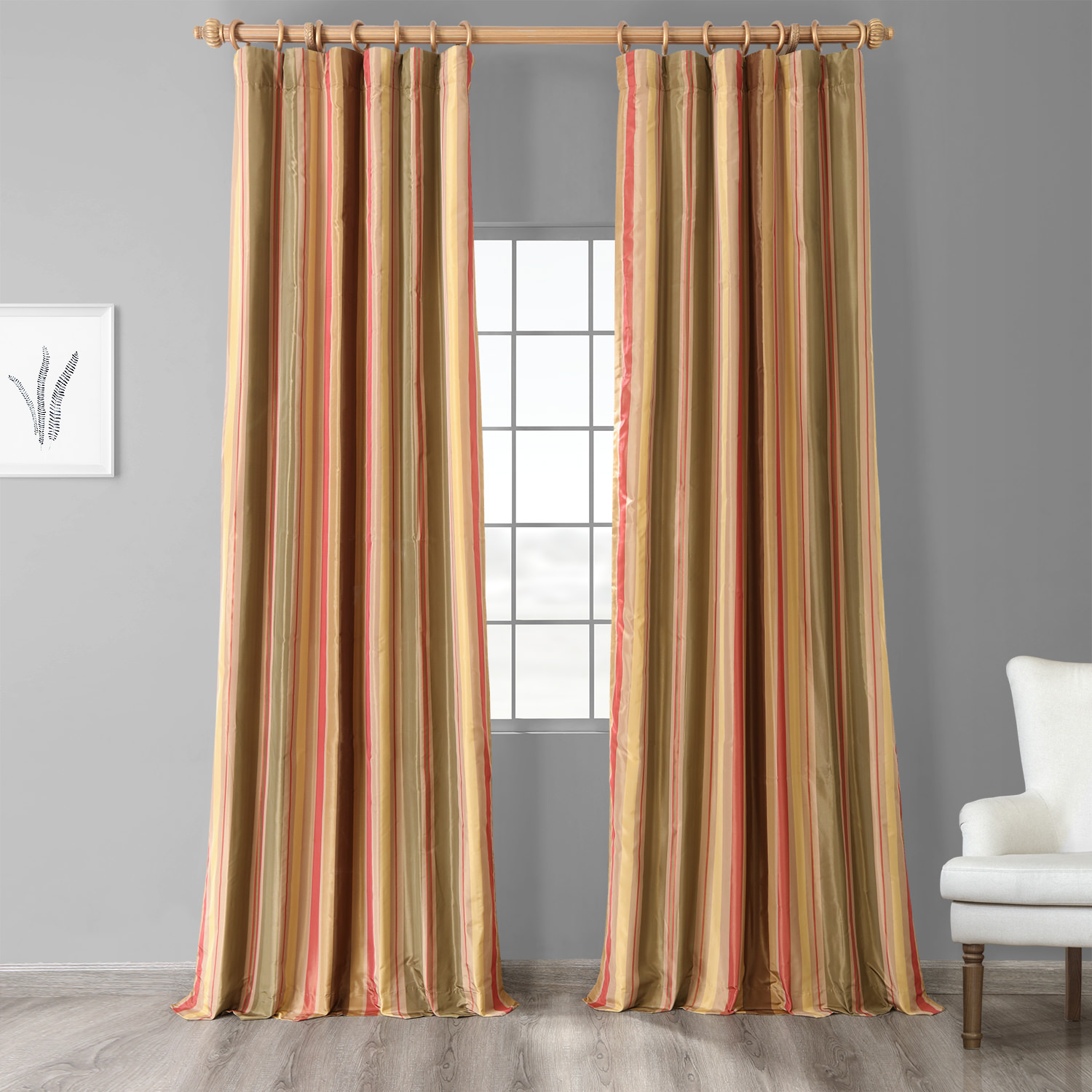 Mirage Gold, Green & Red Designer Striped Faux Silk Curtain