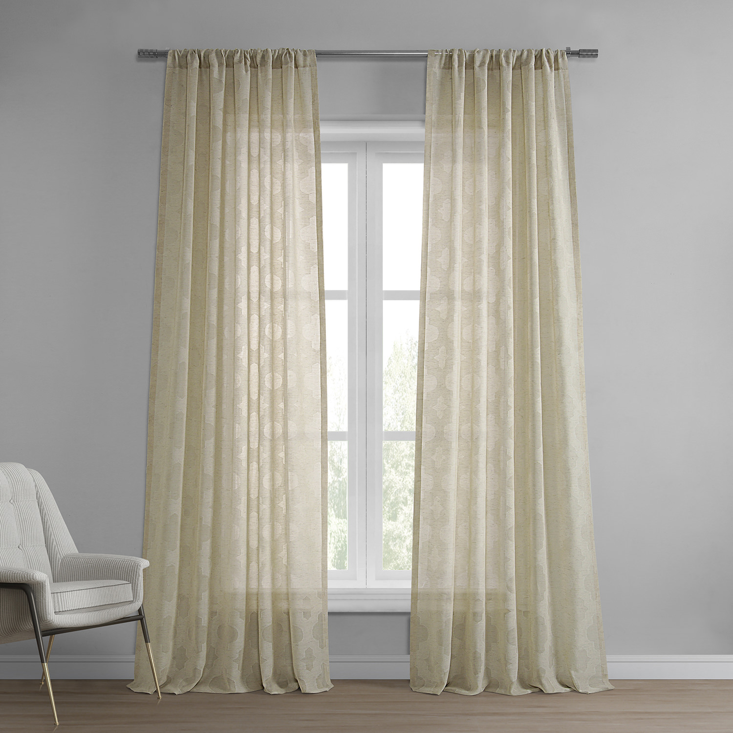 Calais Tile Beige Patterned Linen Sheer Curtain