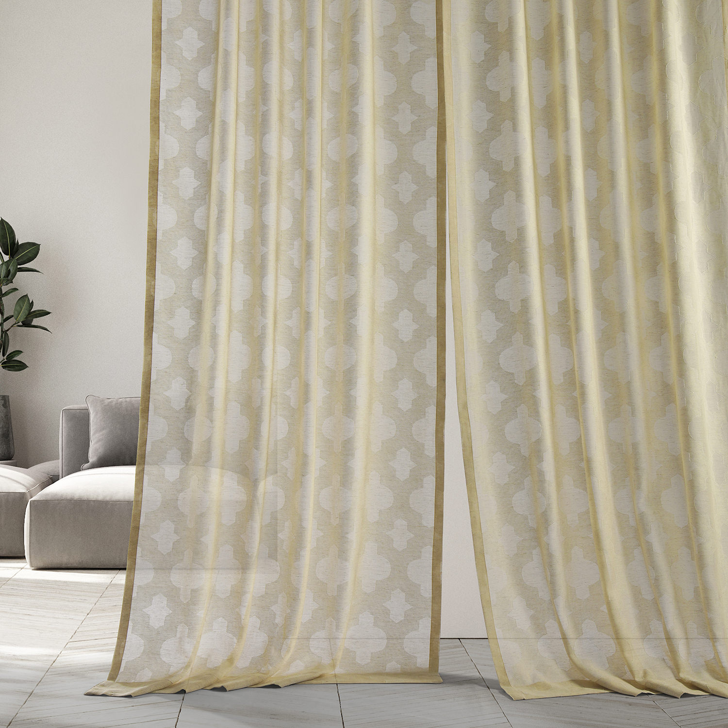 Calais Tile Beige Patterned Linen Sheer Curtain