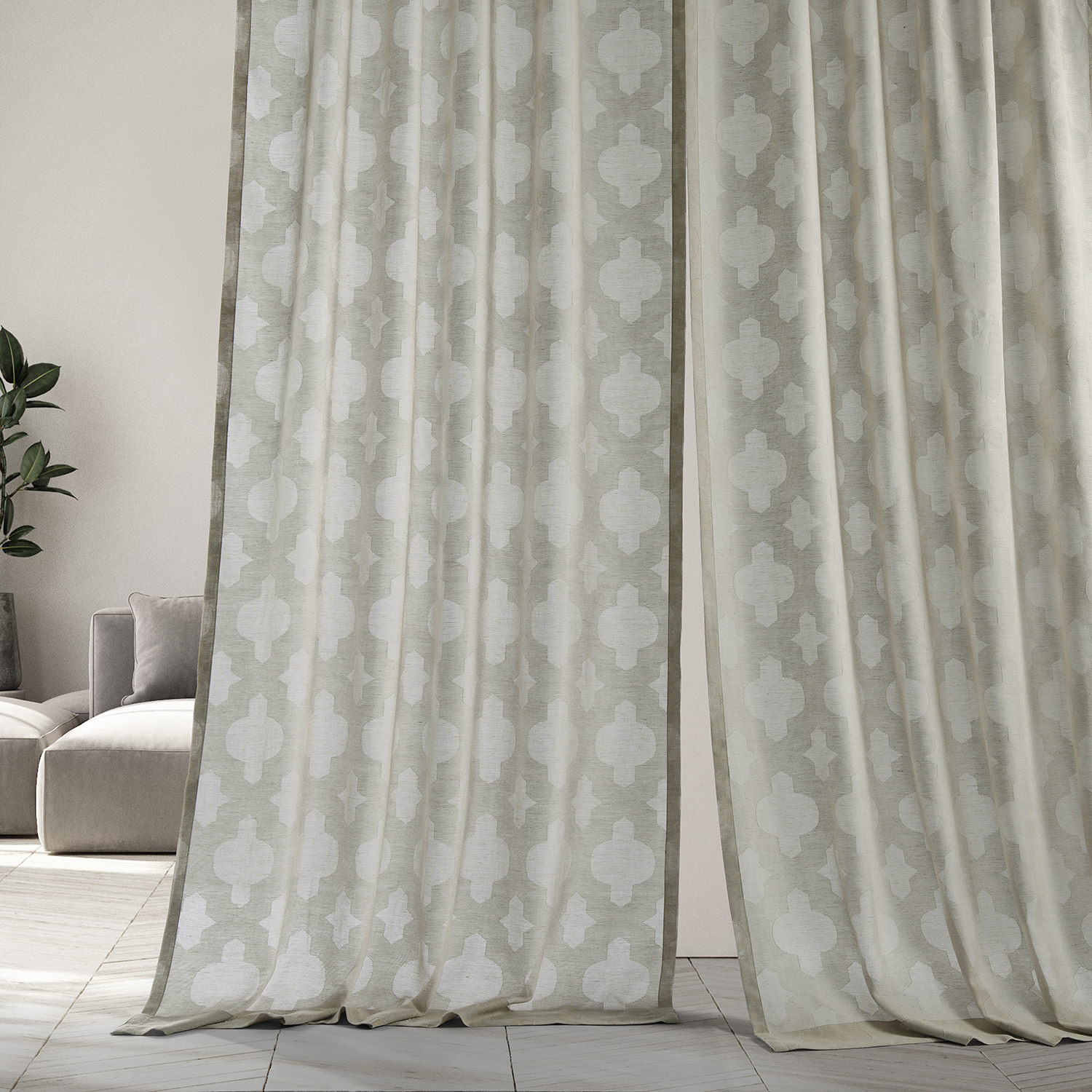 Calais Tile Grey Patterned Linen Sheer Curtain