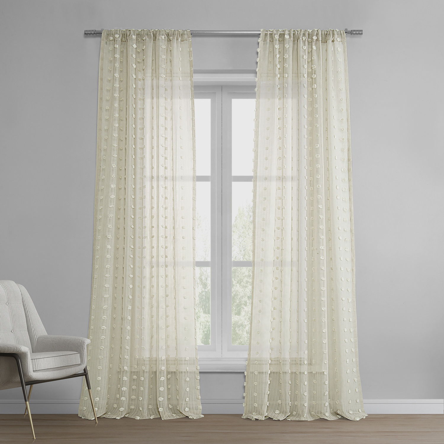 Strasbourg Dot Beige Patterned Linen Sheer Curtain