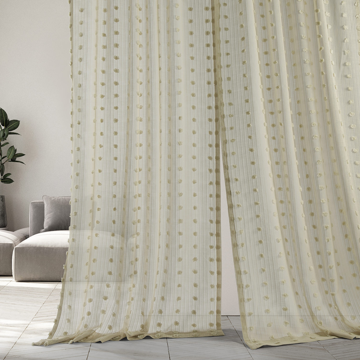 Strasbourg Dot Beige Patterned Linen Sheer Curtain