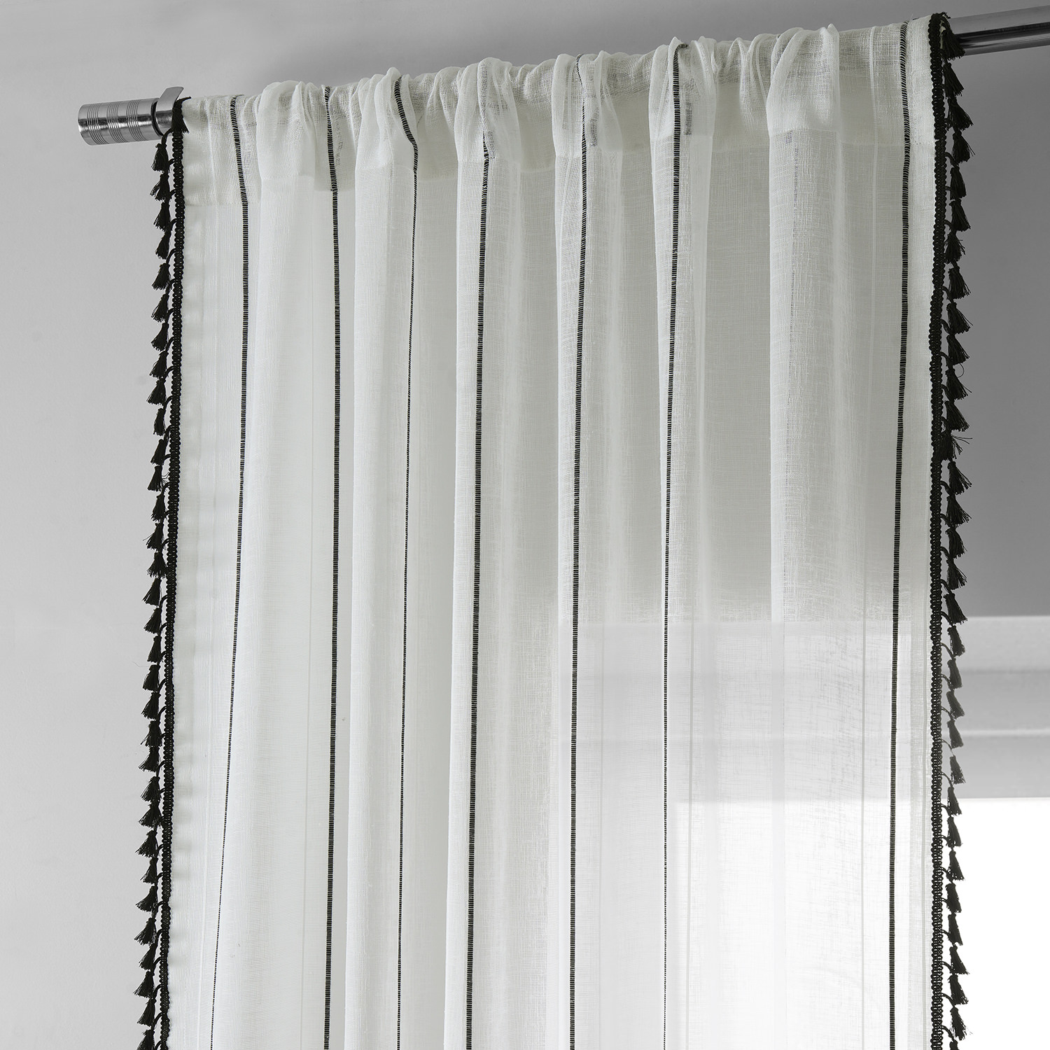 Campane Black Patterned Faux Linen Sheer Curtain