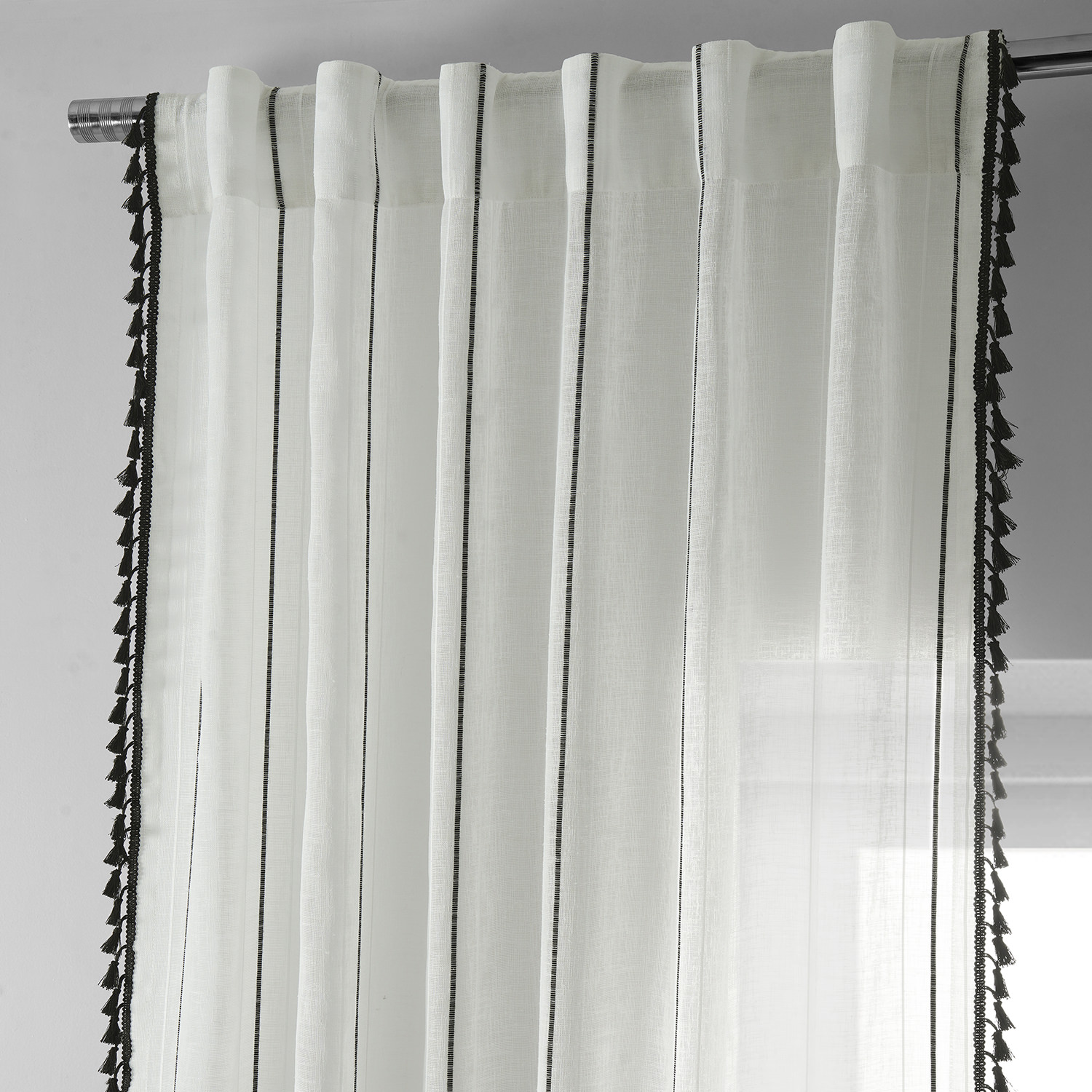 Campane Black Patterned Faux Linen Sheer Curtain