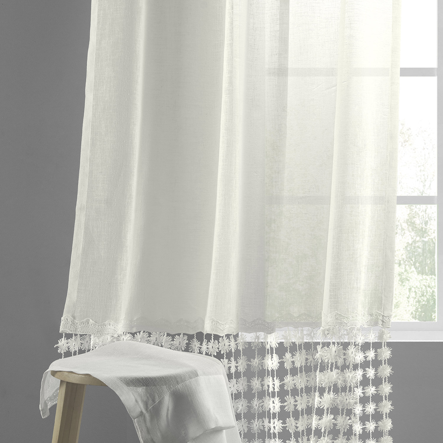 Lacy Daisy Off-White Patterned Faux Linen Sheer Curtain