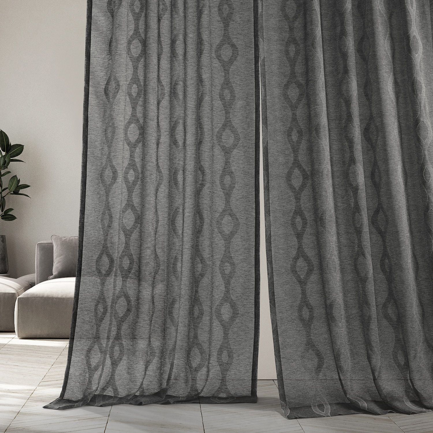 Vega Charcoal Patterned Linen Sheer Curtain