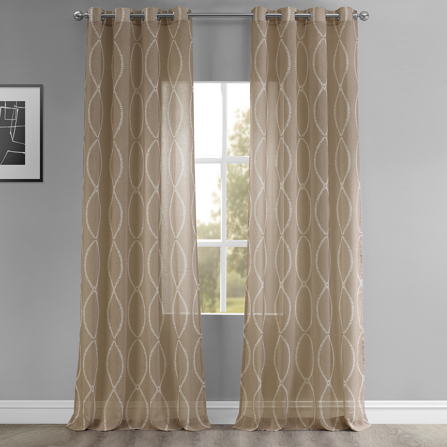 Grecian Taupe Grommet Printed Sheer Curtain