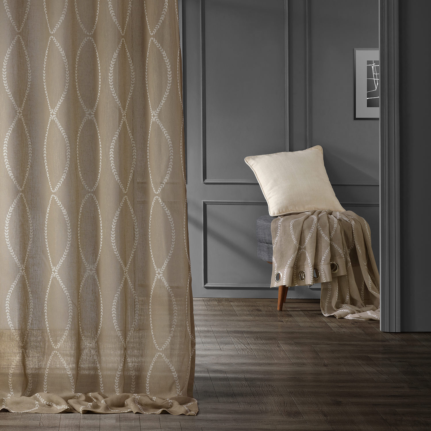 Grecian Taupe Grommet Printed Sheer Curtain