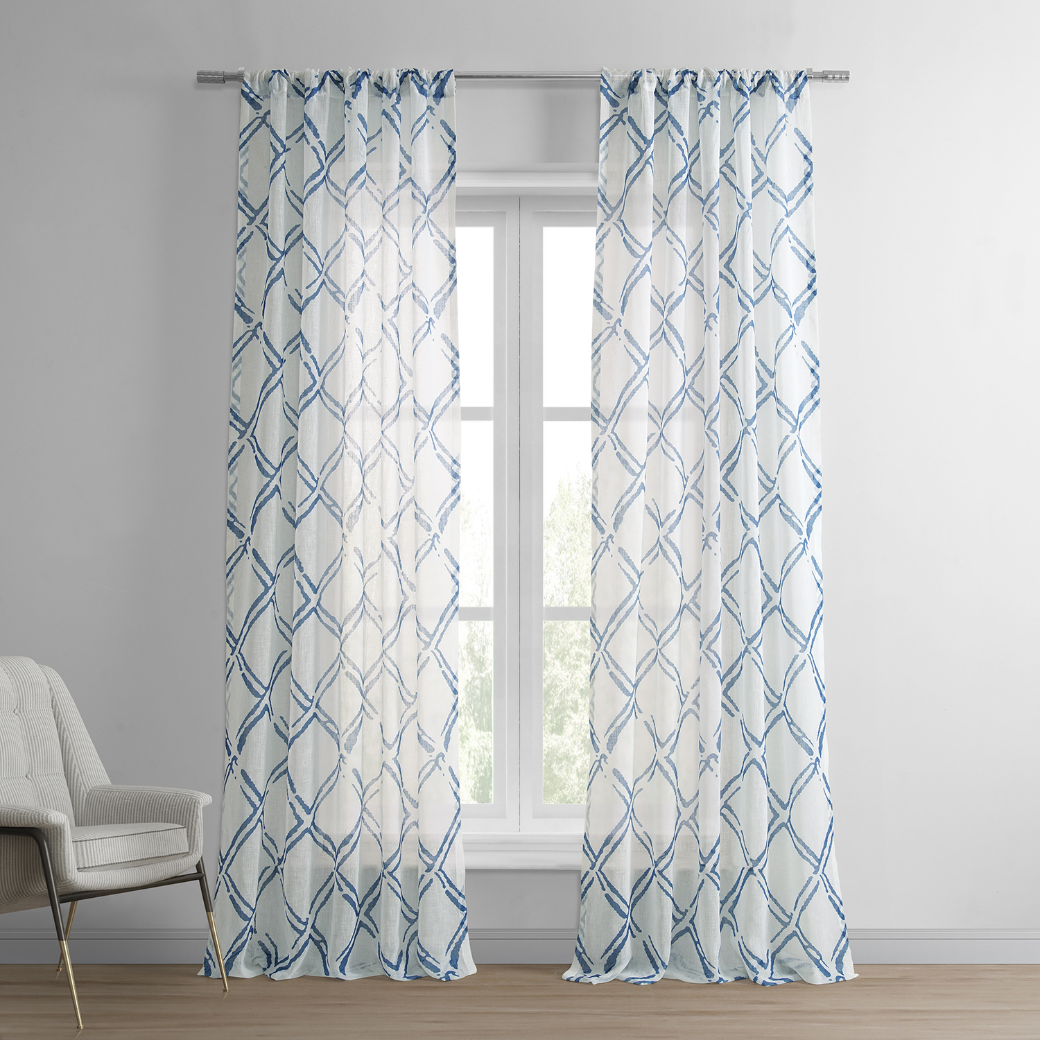 Normandy Blue Printed Faux Linen Sheer Curtain