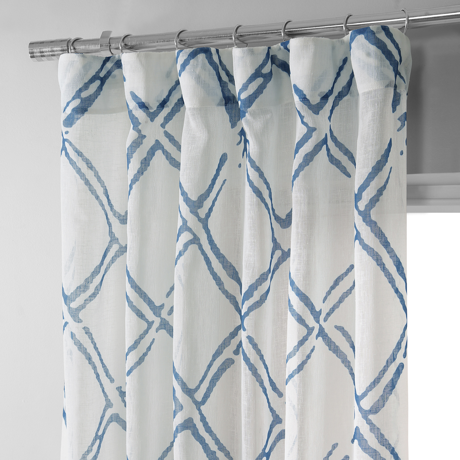 Normandy Blue Printed Faux Linen Sheer Curtain