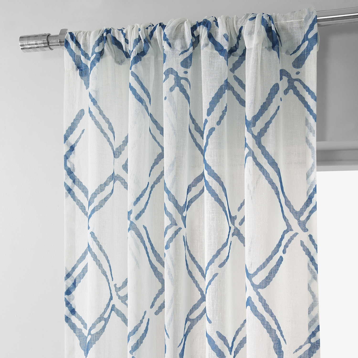 Normandy Blue Printed Faux Linen Sheer Curtain