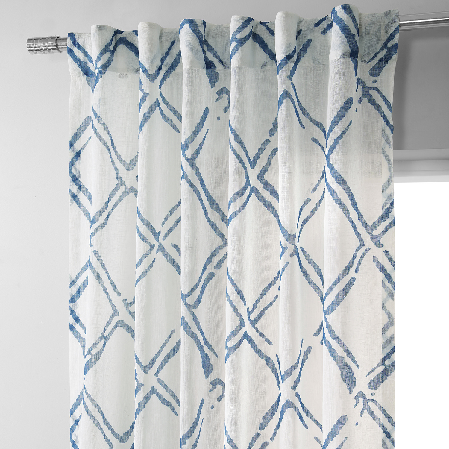 Normandy Blue Printed Faux Linen Sheer Curtain