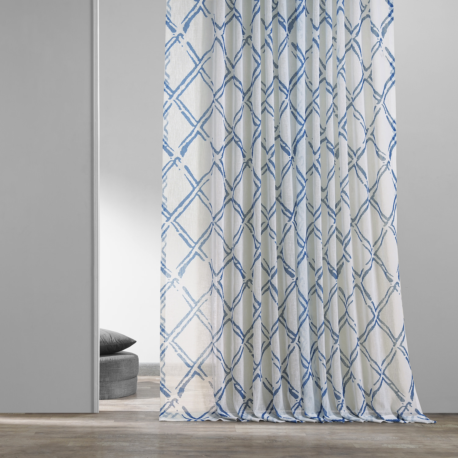 Normandy Blue Printed Faux Linen Sheer Curtain