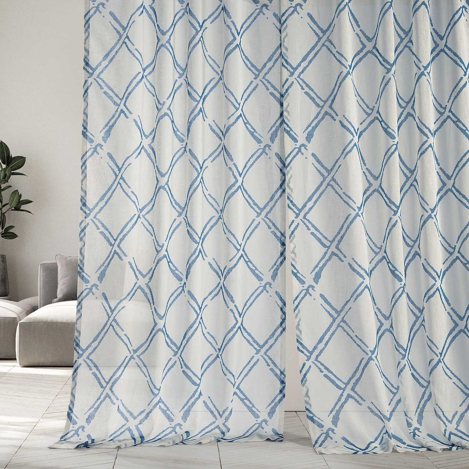 Normandy Blue Printed Faux Linen Sheer Curtain