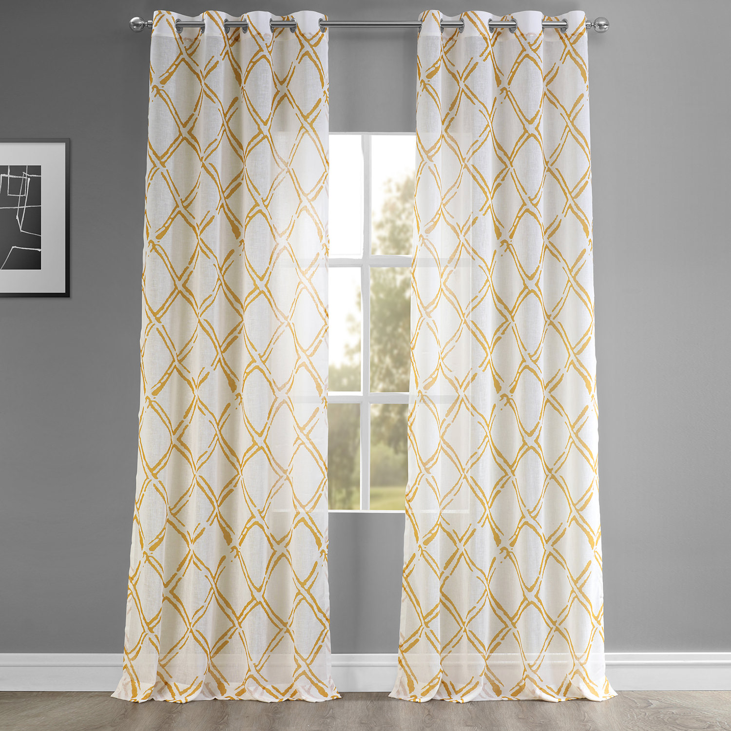 Normandy Gold Grommet Printed Faux Linen Sheer Curtain