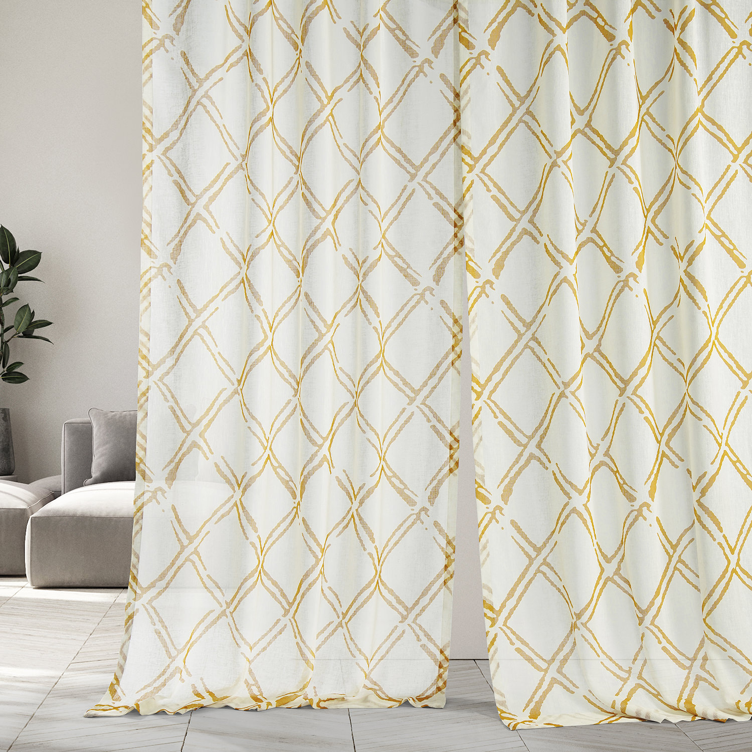 Normandy Gold Printed Faux Linen Sheer Curtain