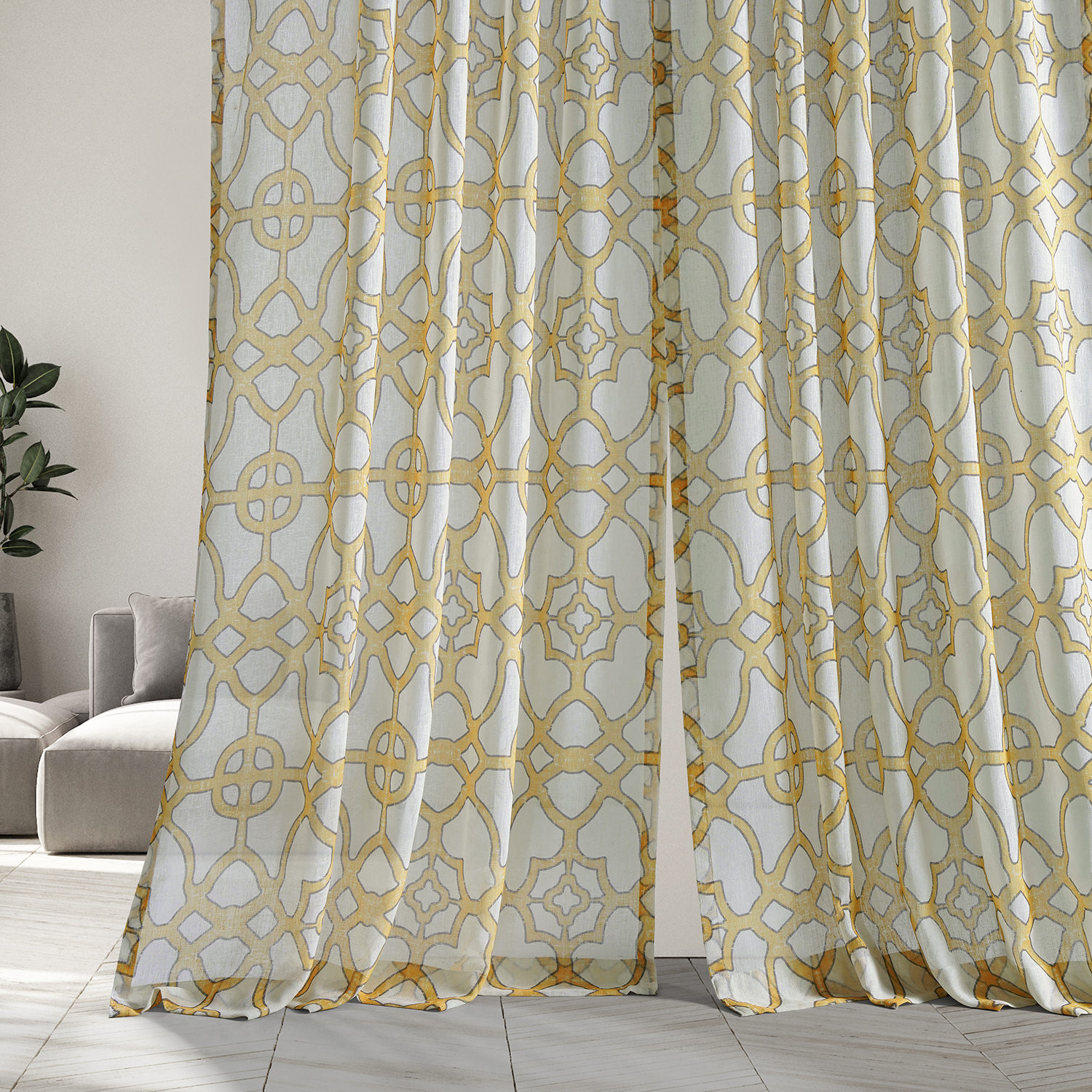 SeaGlass Yellow Printed Faux Linen Sheer Curtain