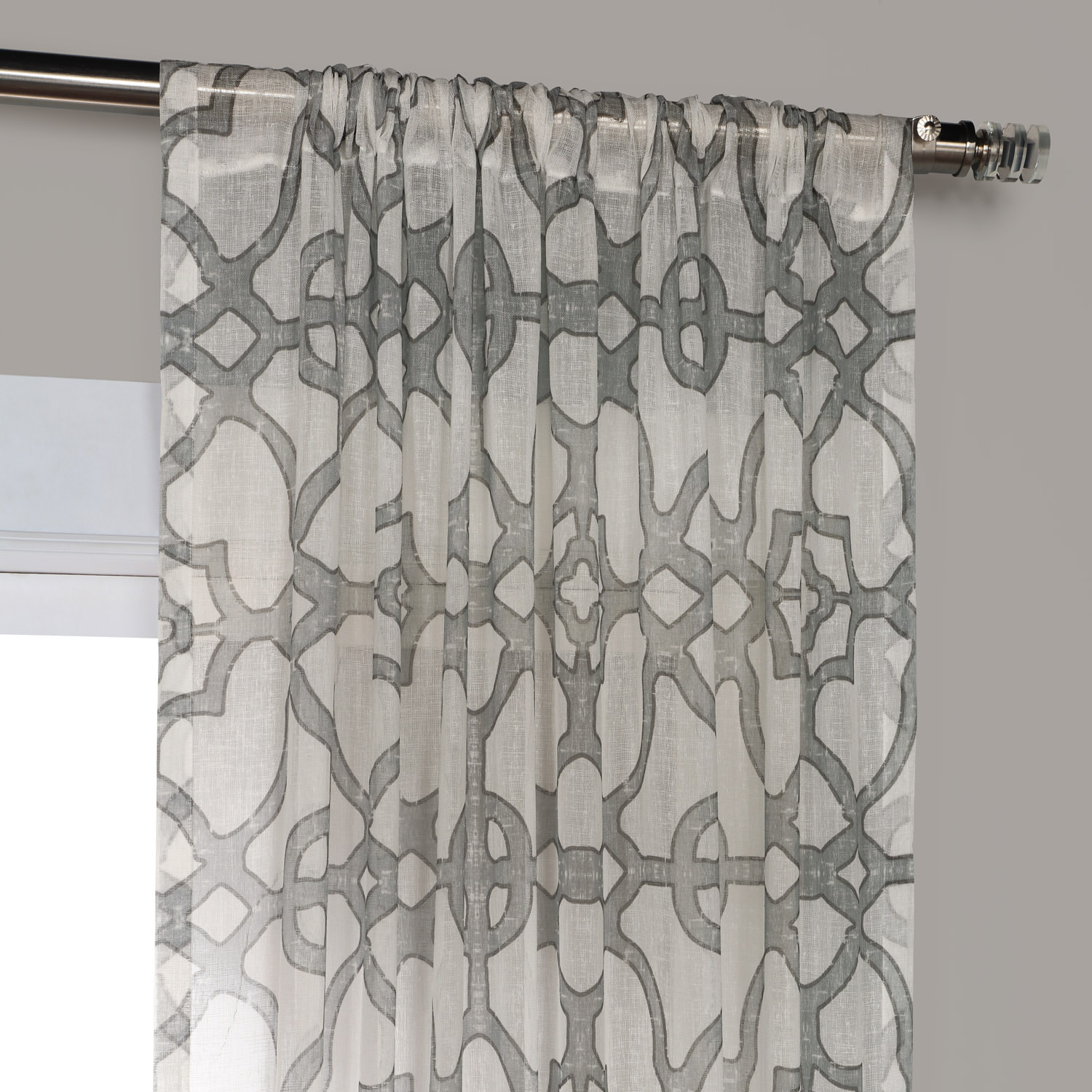 SeaGlass Grey Printed Faux Linen Sheer Curtain