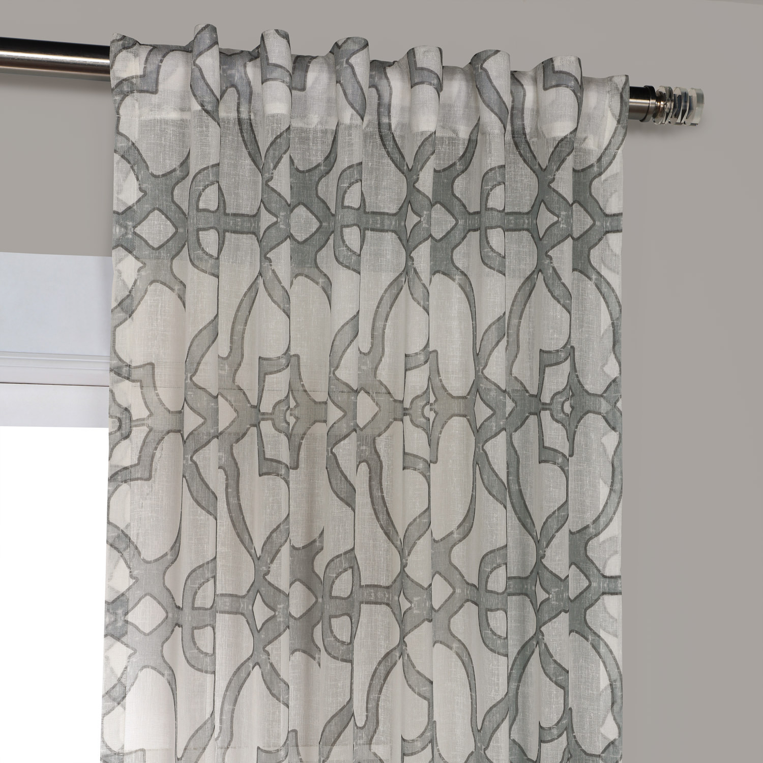 SeaGlass Grey Printed Faux Linen Sheer Curtain