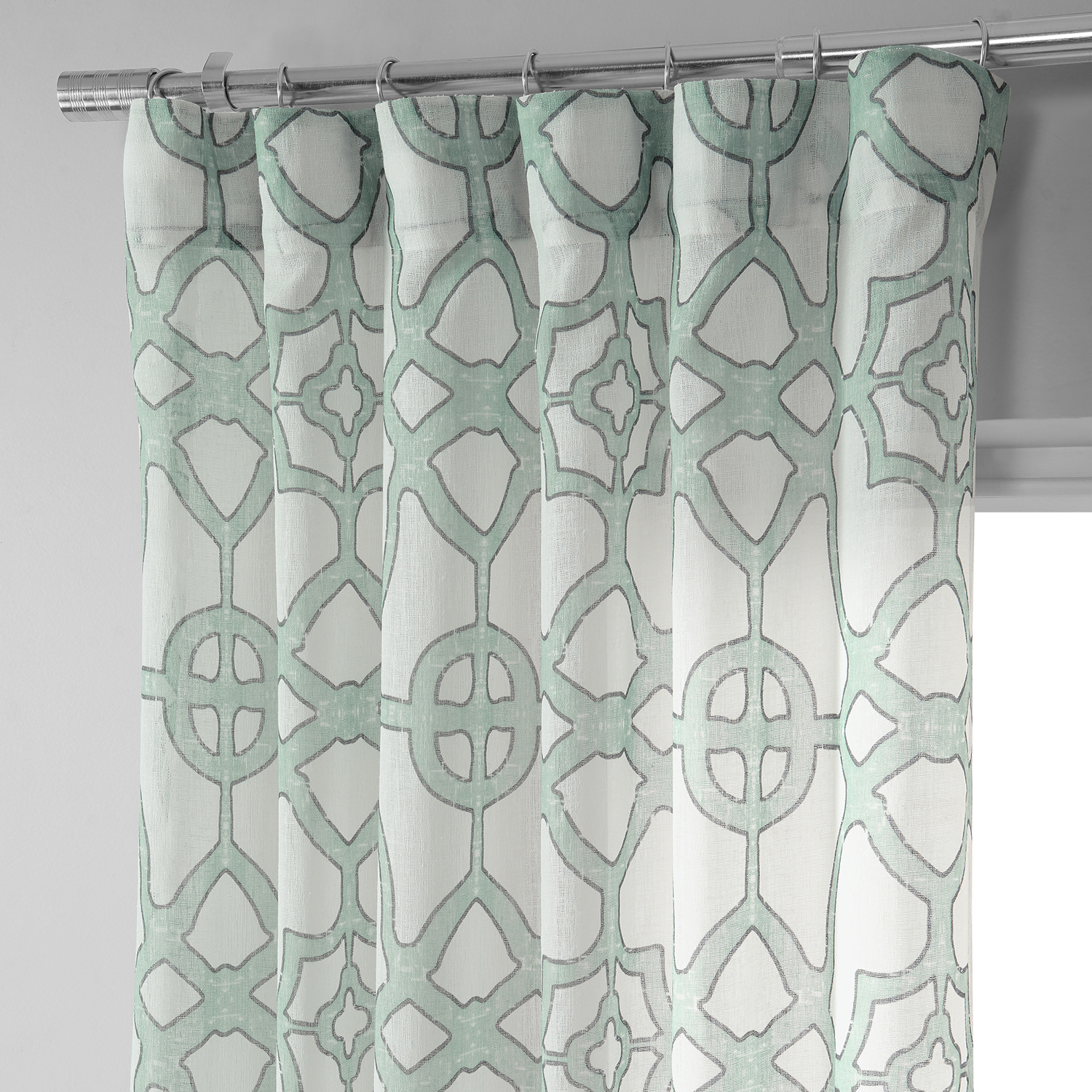 SeaGlass Blue Printed Faux Linen Sheer Curtain