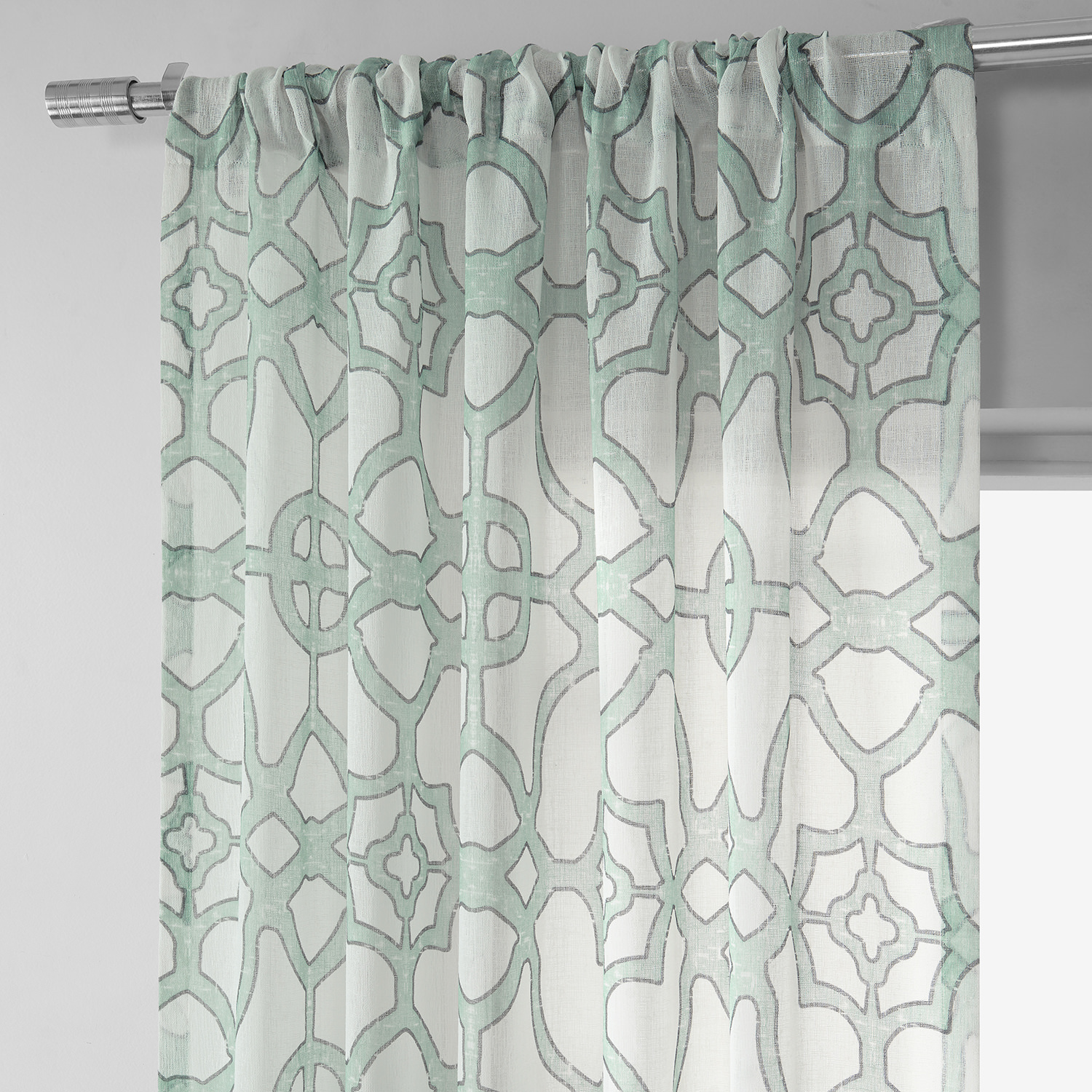 SeaGlass Blue Printed Faux Linen Sheer Curtain