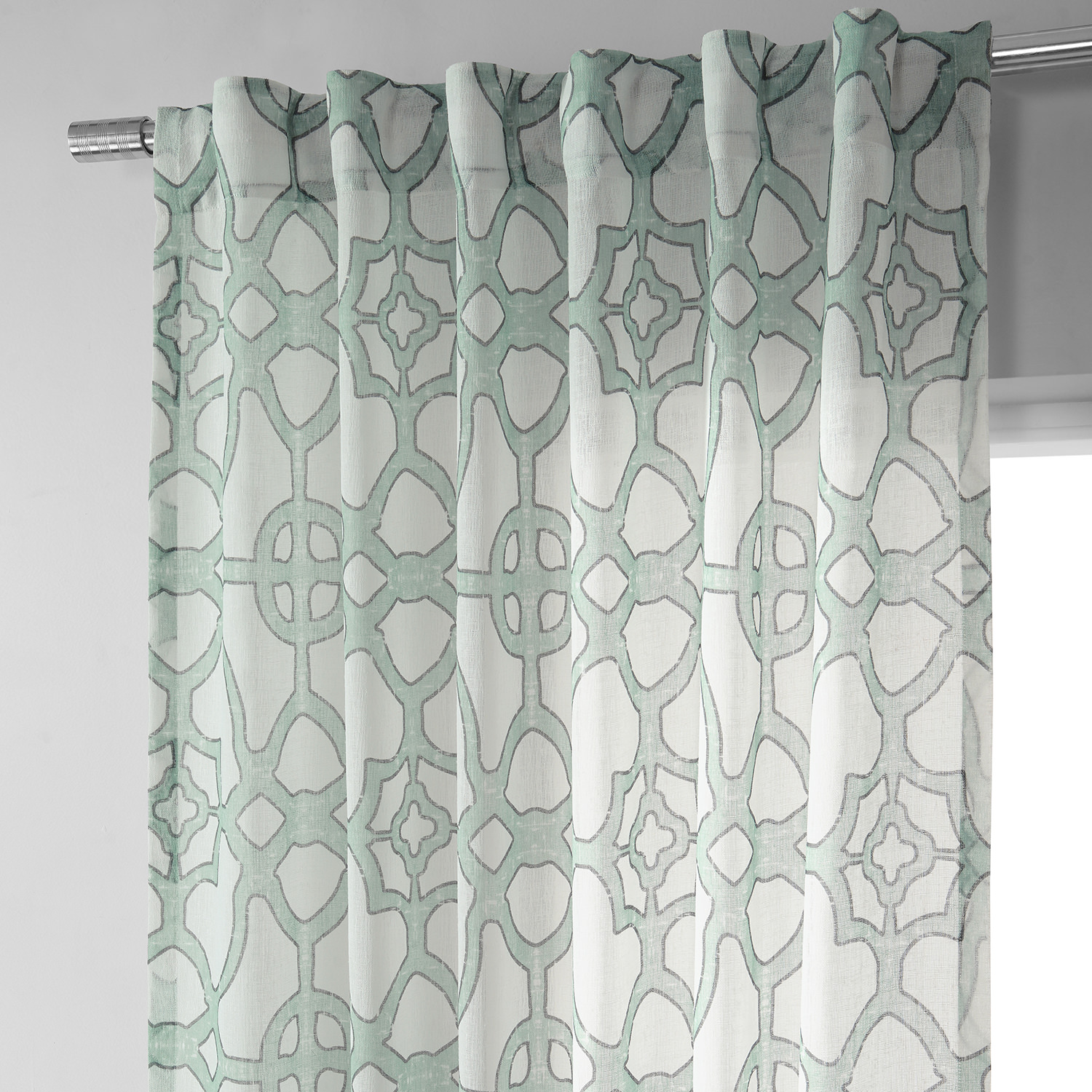 SeaGlass Blue Printed Faux Linen Sheer Curtain