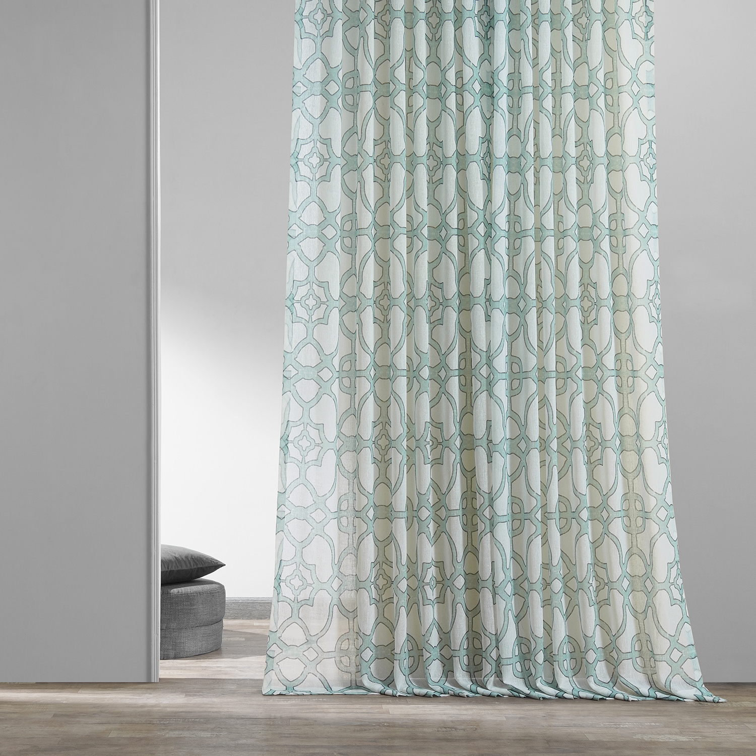 SeaGlass Blue Printed Faux Linen Sheer Curtain