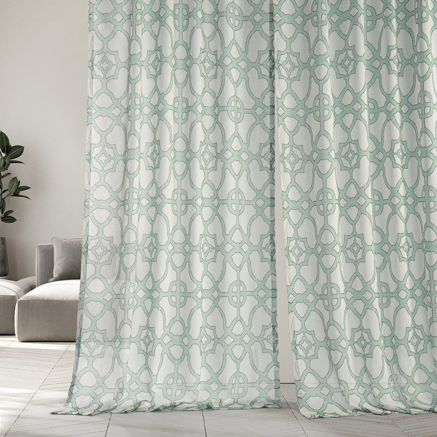 SeaGlass Blue Printed Faux Linen Sheer Curtain