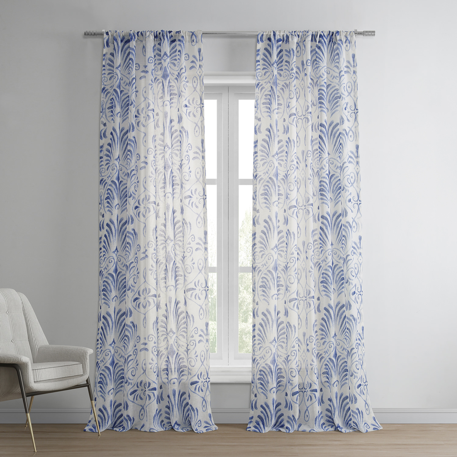 Xenia Blue Printed Faux Linen Sheer Curtain