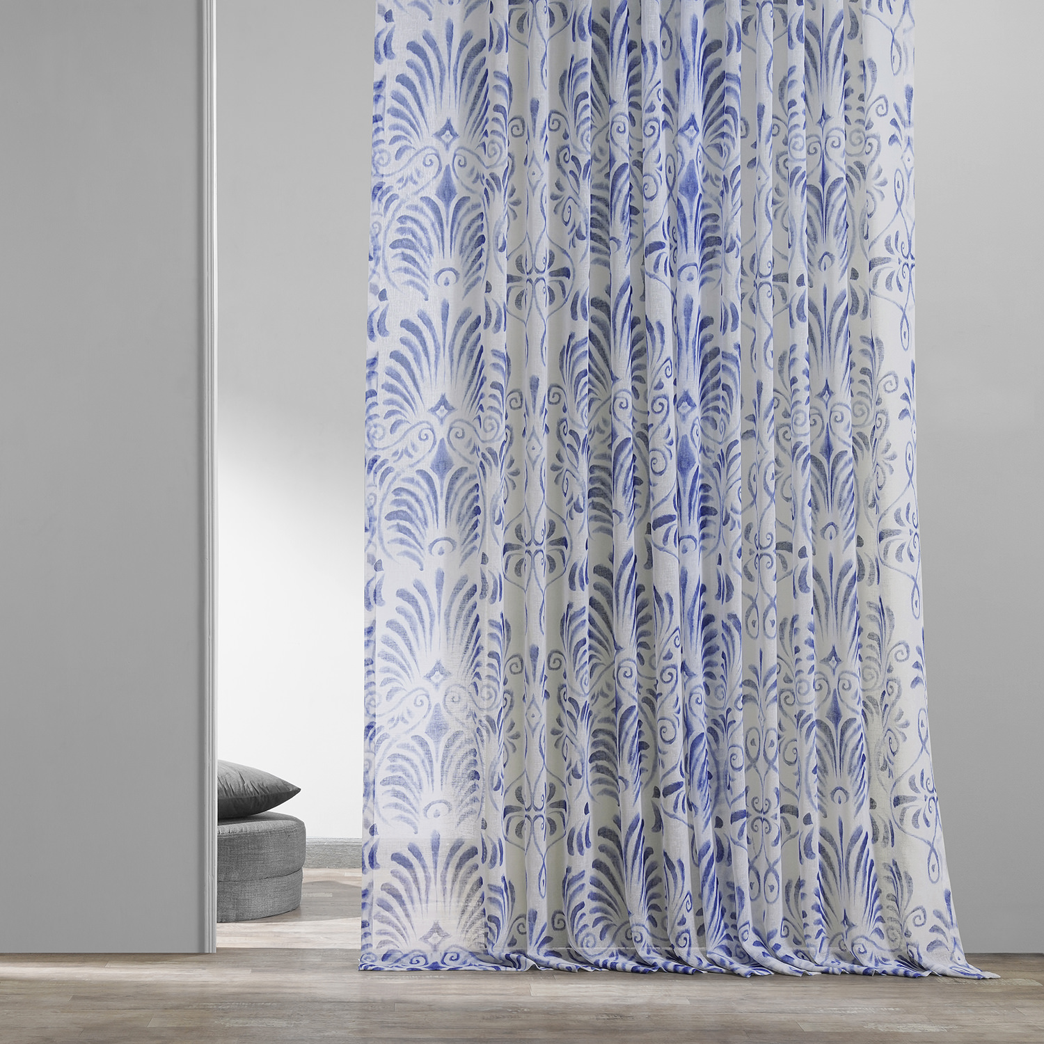 Xenia Blue Printed Faux Linen Sheer Curtain