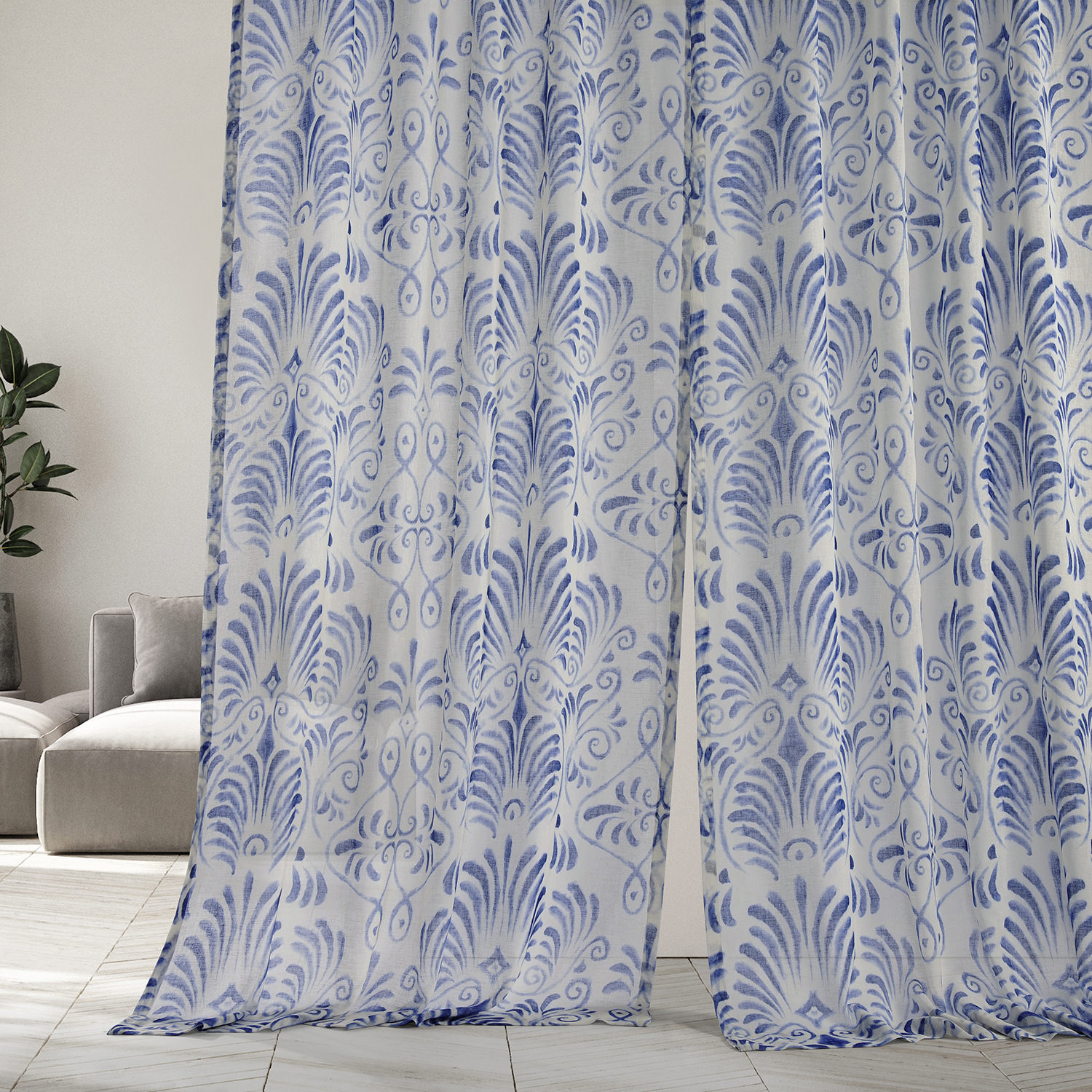 Xenia Blue Printed Faux Linen Sheer Curtain