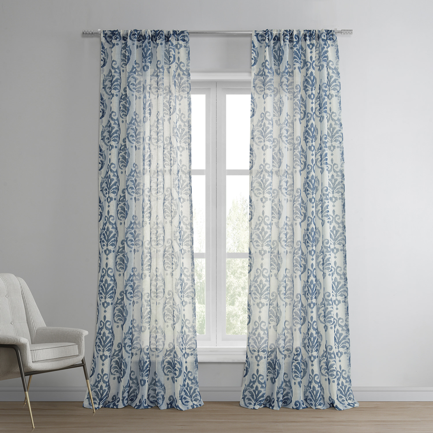 Fresco Blue Printed Faux Linen Sheer Curtain