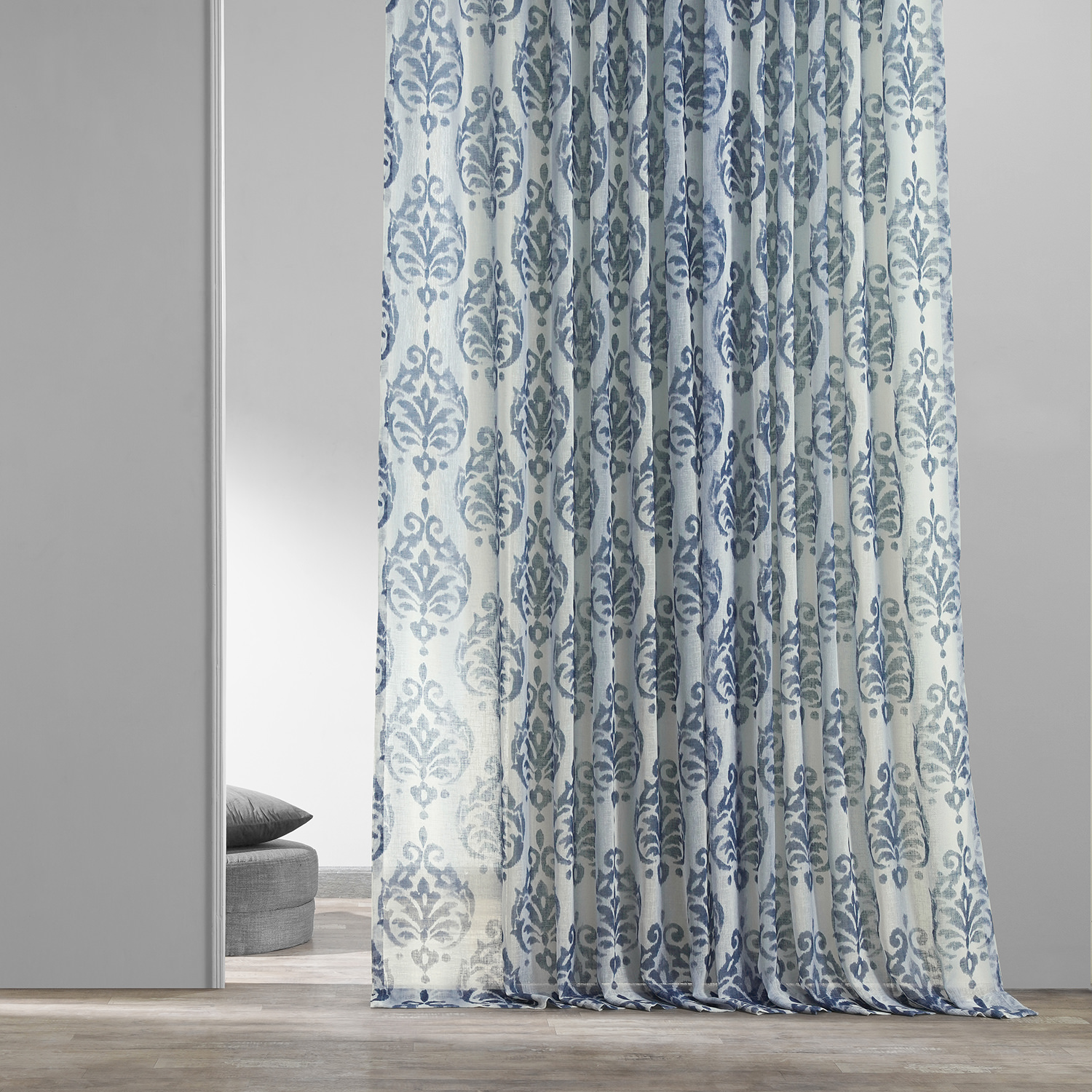 Fresco Blue Printed Faux Linen Sheer Curtain