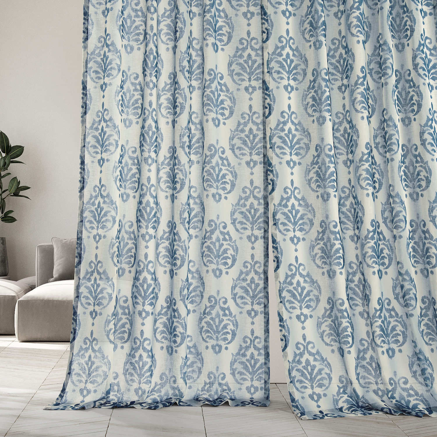 Fresco Blue Printed Faux Linen Sheer Curtain