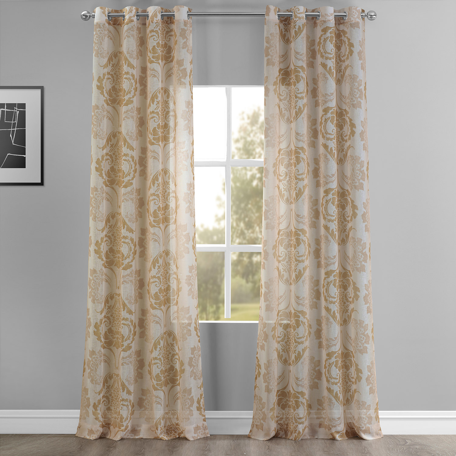 Damascus Tan Grommet Printed Faux Linen Sheer Curtain