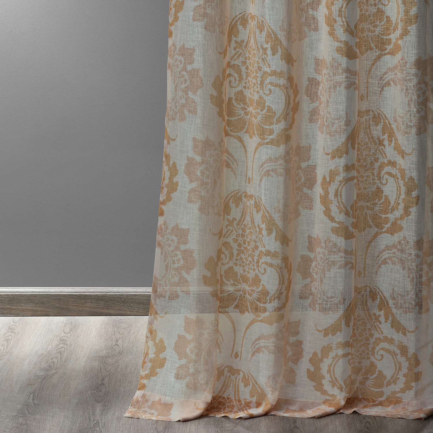 Damascus Tan Grommet Printed Faux Linen Sheer Curtain