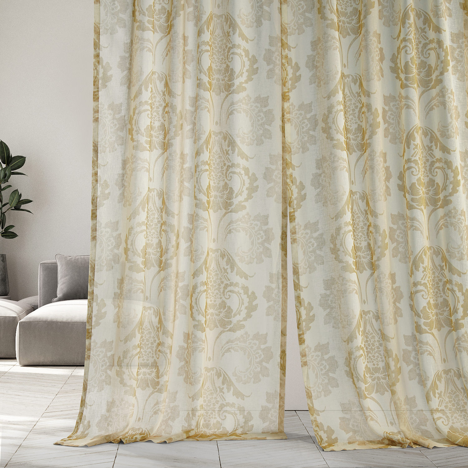 Damascus Tan Printed Faux Linen Sheer Curtain