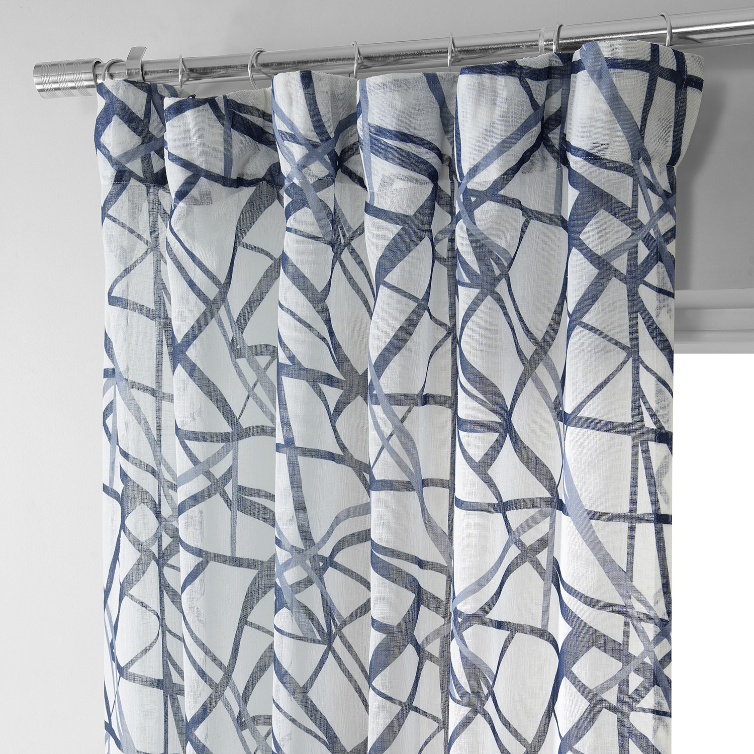 Matrix Blue Printed Faux Linen Sheer Curtain