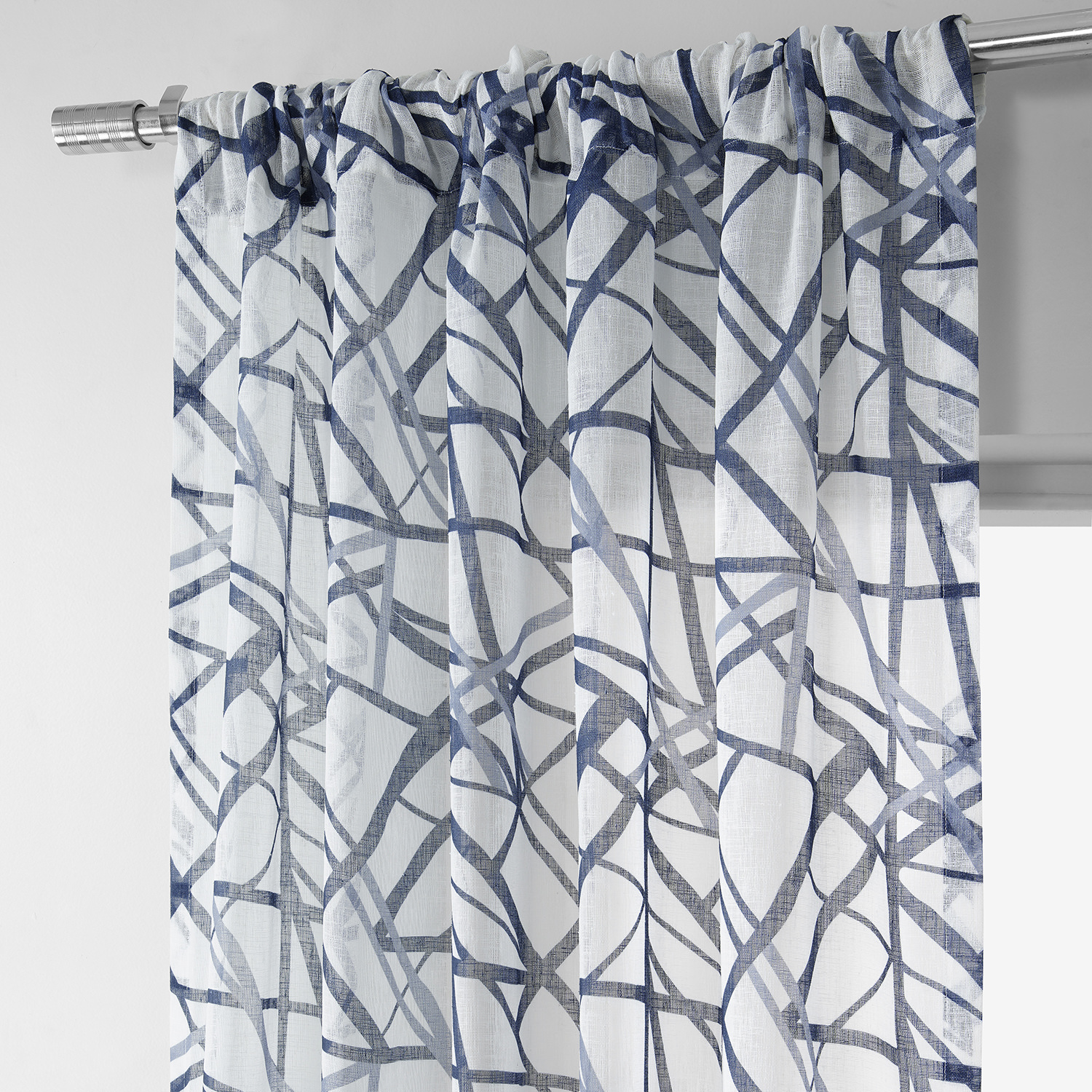 Matrix Blue Printed Faux Linen Sheer Curtain